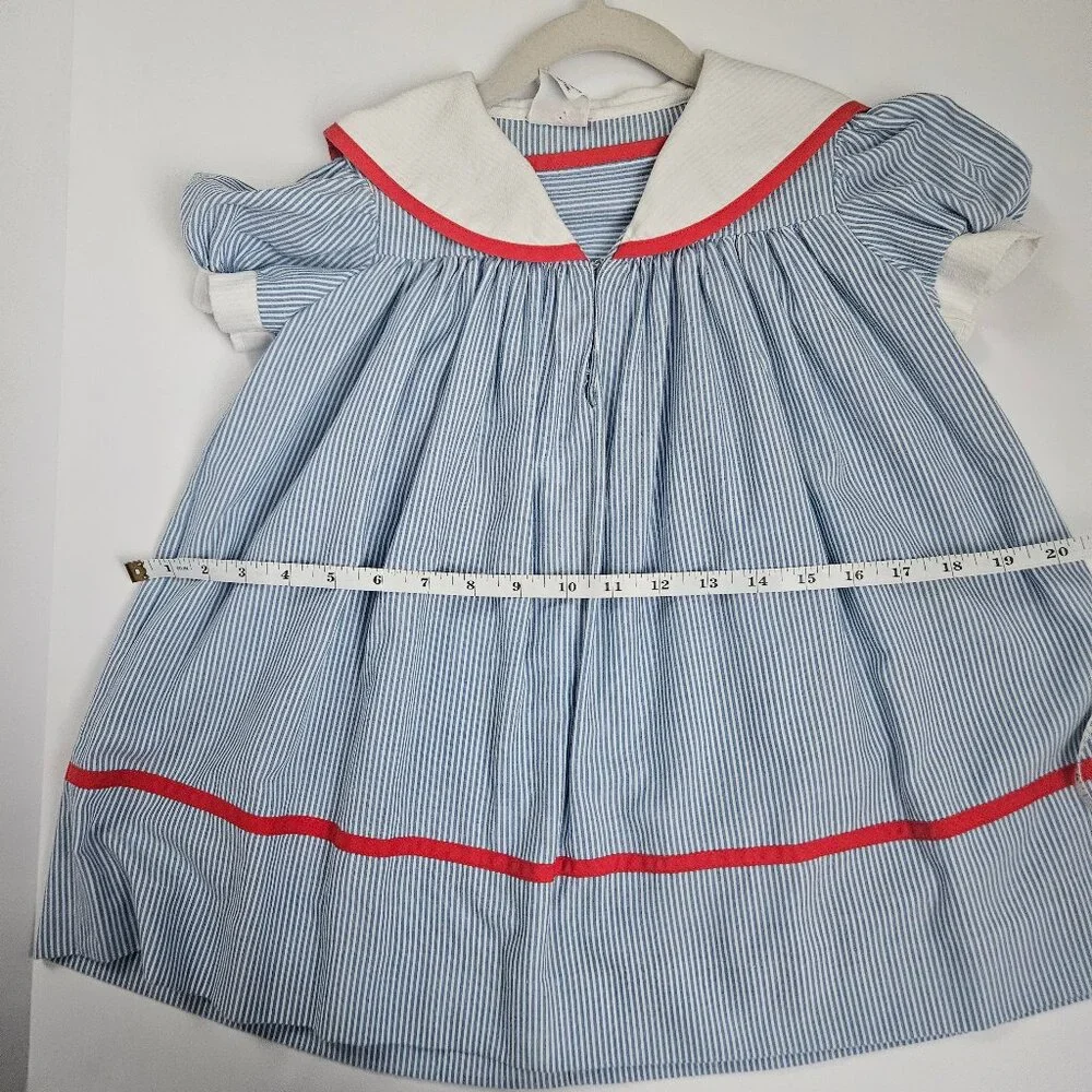 VTG Youngland Nautical Sailor Seersucker Dress Blue & White with Red Trim - Picture 13 of 15